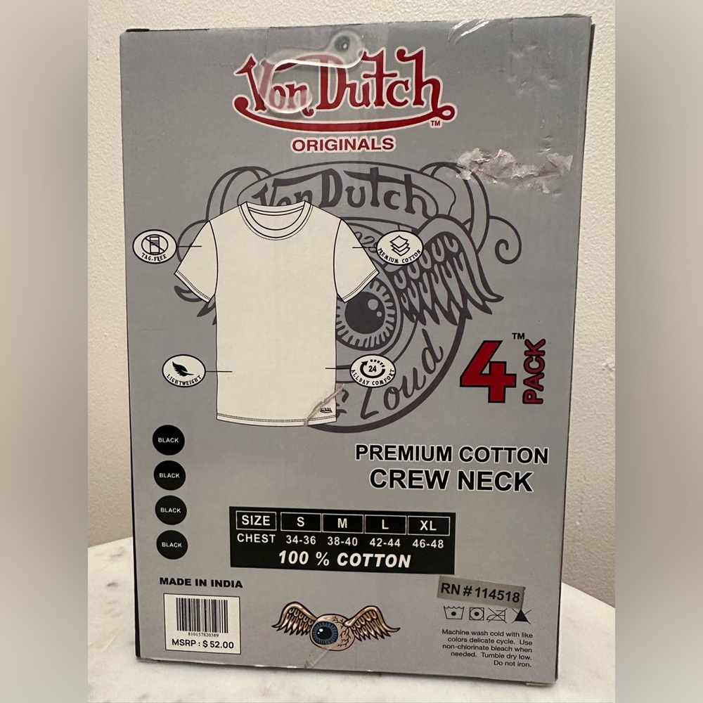 NIB Men’s Von Dutch Originals Premium 100% Cotton Crew Neck 4-Pack T-Shirt, SM - Picture 5 of 8